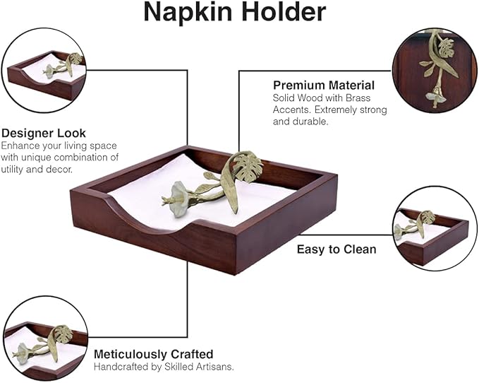 Napkin Holder - Solid Wood Brown Finish Home Decor & Kitchen Decor Table Countertop Serviette & Tissue Holder with Metal Ornament Arm in Silver Gold Finish - Indoor and Outdoor Use - Floral Design