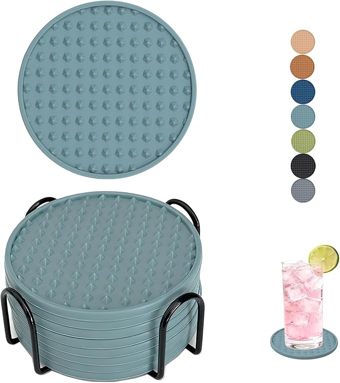 Set of 8 Silicone Coasters, 4'' Drink Coaster with Holder, Round Coasters for Drinks Beer Coffee Home Office Bar Desk Tabletop Protection, Non-Slip Rubber Coaster (Blue, 8 Pcs-Metal Holder)