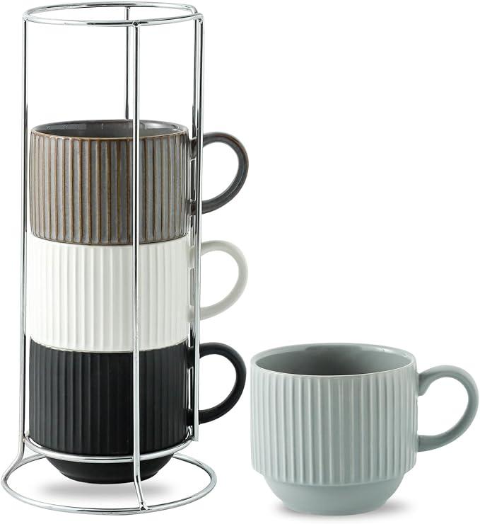 HASENSE Large Coffee Mug Set of 4 - 15 oz Stacking Ceramic Ribbed Latte Cups Set by Hasense