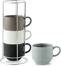 HASENSE Large Coffee Mug Set of 4 - 15 oz Stacking Ceramic Ribbed Latte Cups Set by Hasense
