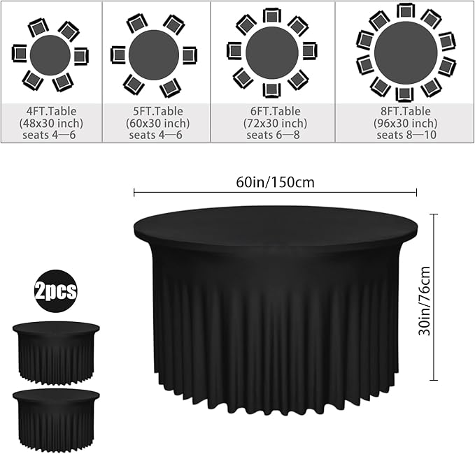 2 Pack Black Round Table Skirt, 60 Inch Diameter x 30 Inch Height, Stretch Polyester Spandex Tablecloth for 5ft Round Tables, Stain & Wrinkle Resistant for Wedding, Party, Banquet Decor