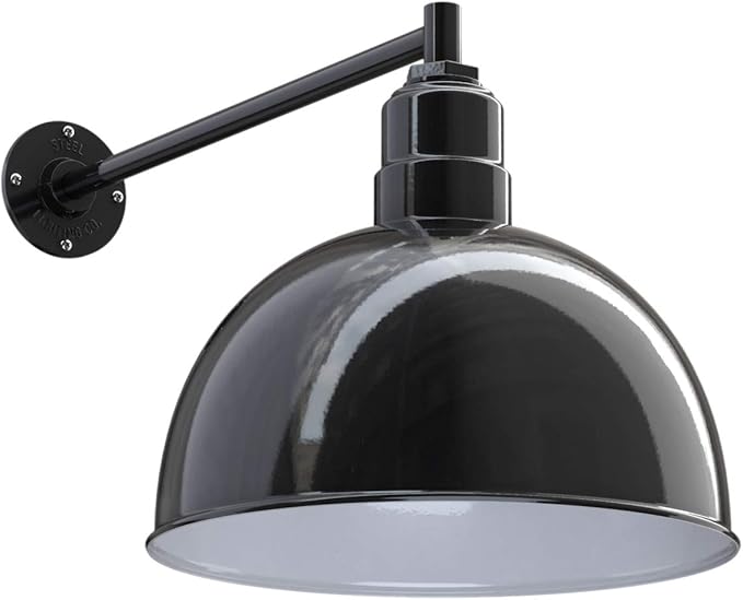 Steel Lighting Co. Hollywood Bowl Light | Outdoor Wall Mounted | 15 inch Bowl Dome | 20 inch Straight Arm | Barn Light Made in America | Black Exterior/White Interior