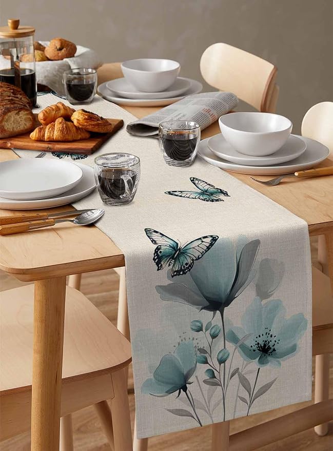 Turquoise Floral Table Runners 120 Inches Long, Spring Flowers Butterfly Table - Image 3
