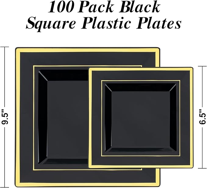 Goodluck 100 Black Pack Square Plastic Plates With Gold Rim, Heavy Duty 50 Dinner Plates 9.5" and 50 Dessert Plates 6.5", Fancy Disposable Plates for Wedding, Holiday Party, Birthday, Halloween