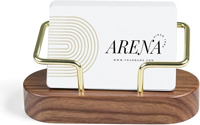 Business Card Holder for Desk, Minimalist Wooden Desk Organizer with Brass Metal Frame, Stylish Office & Home Decor for Professional Card Display(Walnut Oval)