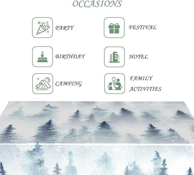 52x70 Inch Nordic Winter Nature Rectangle Tablecloth Misty Foggy Pine Trees Forest Table Cloth Waterproof Stain Resistant Table Cover for Kitchen Dining Picnic BBQ Home Holiday Party