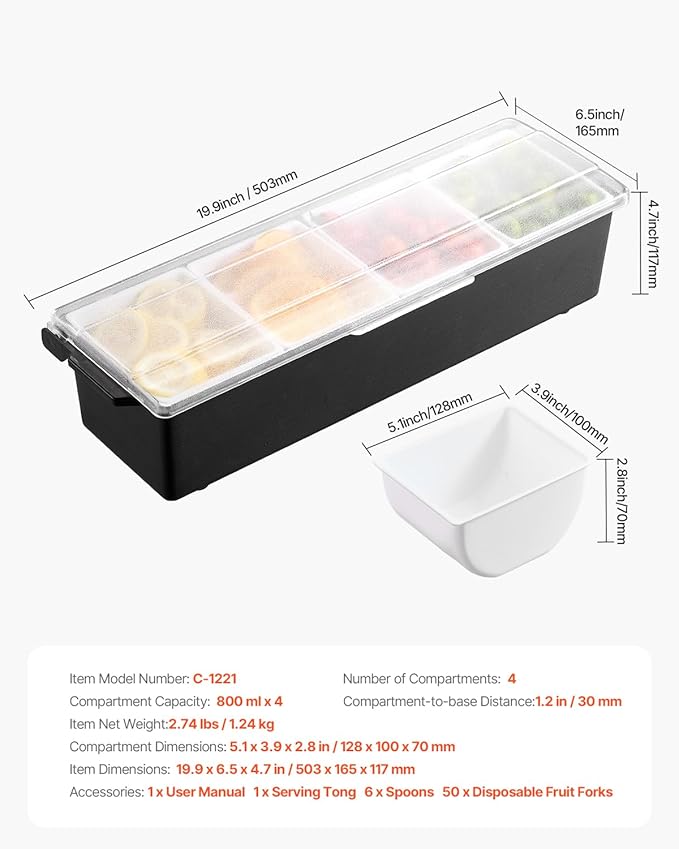 VEVOR Chilled Condiment Server, 4 Compartment Ice Cooled Condiment Serving - Image 7