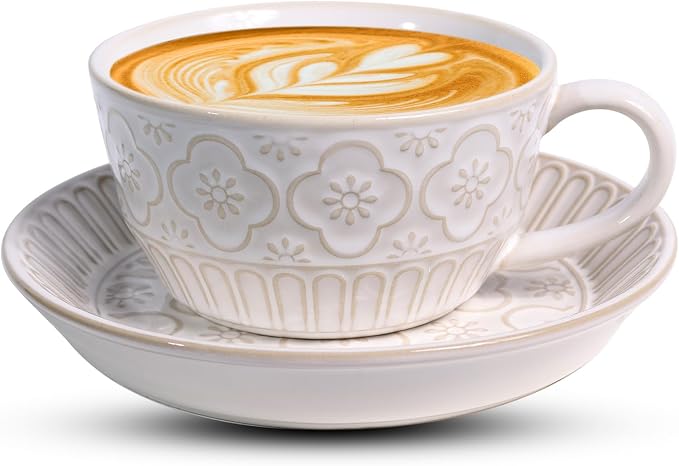Latte Cup with Saucer, 12 OZ Cappuccino Cup Vintage Cafe Art Cups by Unknown