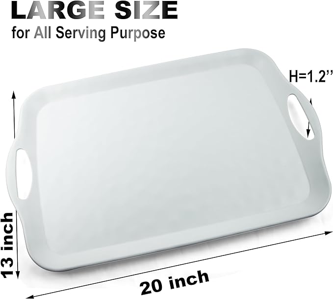 Extra Large Serving Tray with Handles, 20x13 inch, Set of 2 Melamine Platters for Serving Food, Turkey, Cookie, Rectangular Trays for Eating, Raised Dots Matt Finished, Dishwasher Safe, White