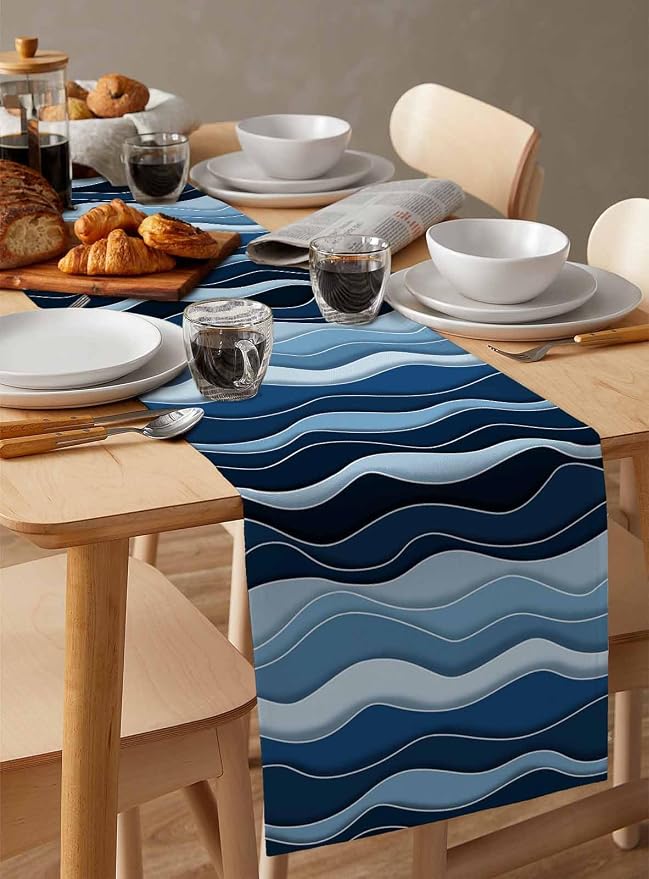 Abstract Blue Moire Table Runners 120 Inches Long, Cotton Linen Fabric Table - Image 3