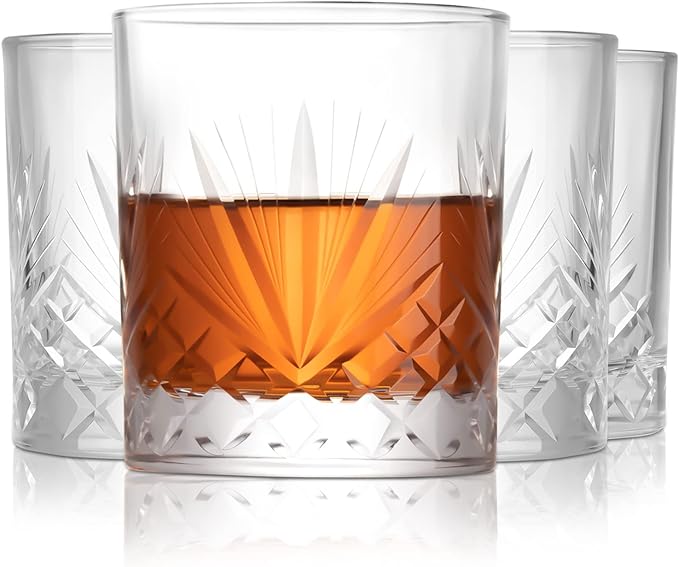 SHOSHIN Hand Cut Whiskey Glasses - Rocks Glasses Set 4- Old Fashioned glass 13Oz, Clear Crystal Whiskey Bourbon Glass, Handmade gifts Scotch Glass, Bar Glasses