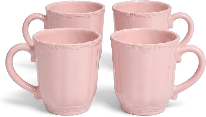 SANGO Bethany Pink Mugs Set of 4, 15 oz Stoneware Pink Coffee Mugs, Vibrant by Sango