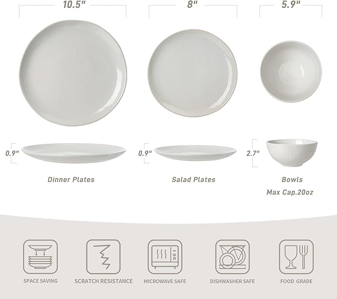 Famiware Moonlight Plates and Bowls Sets, 24 Pieces Stoneware Dinnerware Sets with Linen Finish, Dishware set for 8, Microwave and Dishwasher Safe, Chip and Scratch Resistant, White