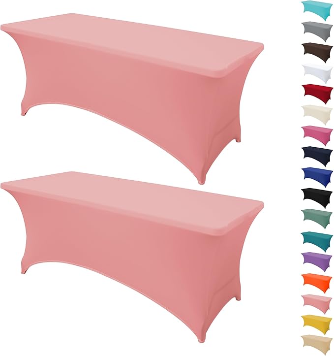 2Pack 8FT Table Cloth for Rectangular Fitted Events Stretch Pink Table Covers Washable Spandex Tablecloth Protector for Party, Wedding, Cocktail, Banquet, Festival