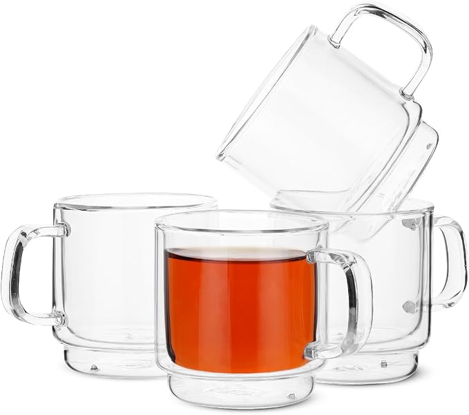 BTaT- Double Walled Stackable Glass Coffee Mugs, 8 oz, Glass Coffee Cups by BrewToATea