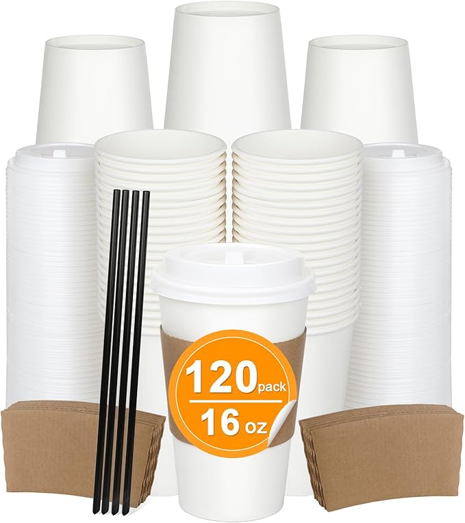 120 Pack 16 oz Paper Coffee Cups Set, Disposable White Coffee Cups with Lids, Sleeves and Stirring Sticks, Fit For Cold and Hot Drinks