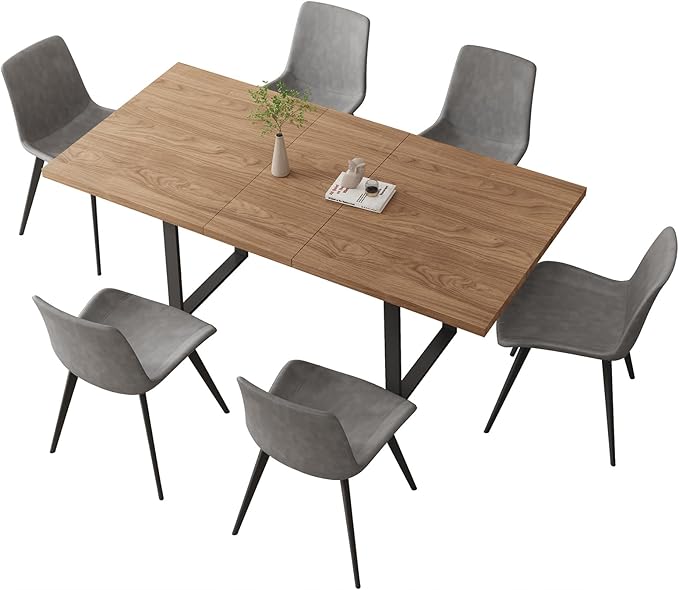 ZckyCine 67" Expandable Walnut Dining Table and 6 Upholstered Chairs, 7-Piece Dining Room Furniture Set, Mid-Century Modern Style for Home, Dining Room and Kitchen