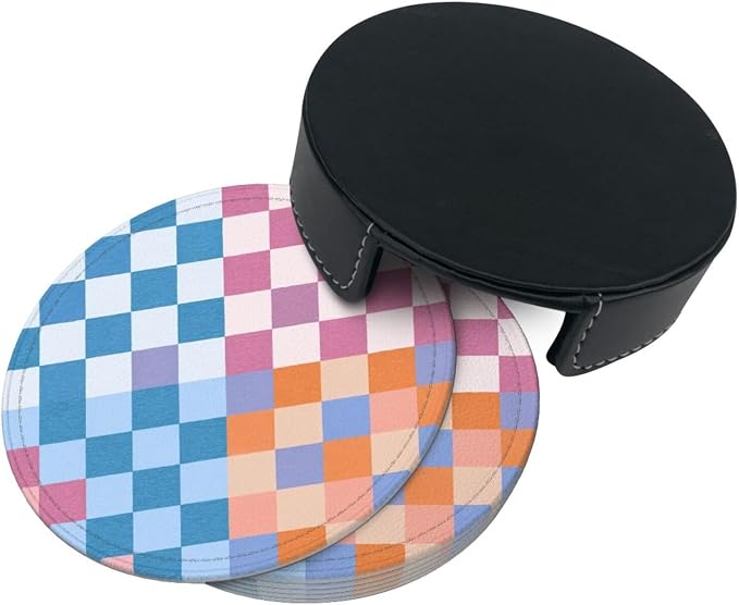 Colorful Blue and Purple Checkered Leather Coasters Set of 6 - Image 6