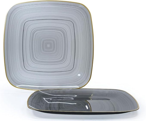 " OCCASIONS " 100 Plates Pack,(50 Guests) Premium Wedding Party Disposable Plastic Plates Set -50 x 10'' Dinner + 50 x 7'' Salad/Dessert (Belize Square in Black & Gold)