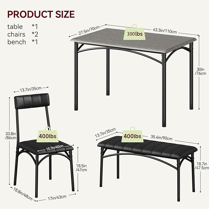 4-Piece Small Dining Table Set – Wood Table with 2 Upholstered Chairs & Bench, Space-Saving Retro Kitchen Dining Set for Small Apartment/Dining Room, Black