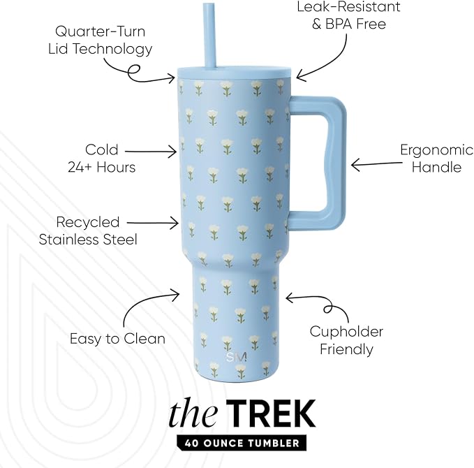 Simple Modern Tumbler with Handle and Straw | 40oz | Floral | Trek Tumbler - Image 2