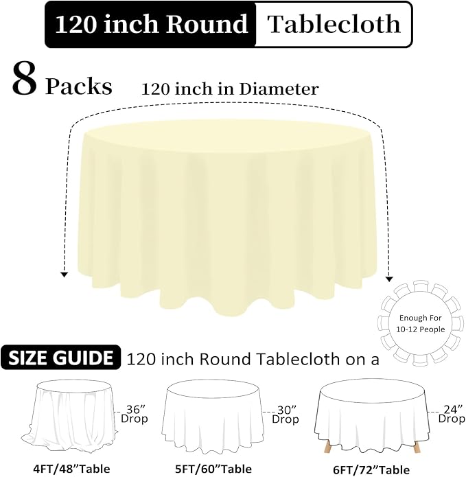 8 Pack Beige Round Tablecloth 120 Inch Beige Table Cloth Stain and Wrinkle Resistant Round Beige Tablecloths Reusable and Washable Polyester Fabric Table Covers for Buffet Wedding Party and Banquet