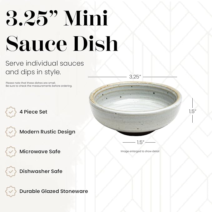 Vikko Small Dipping Bowls, Set of 4 Mini Soy Sauce Dishes, 3" Stoneware Dipping Sauce Cups, Decorative Pinch Bowls for Dips, Condiments, Charcuterie Boards - Microwave and Dishwasher Safe