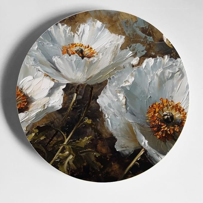 Textured White Poppies Decorative Ceramic Plates 10 Inch with Display Stand Designed for Elegant Wall Hanging DP-752238312