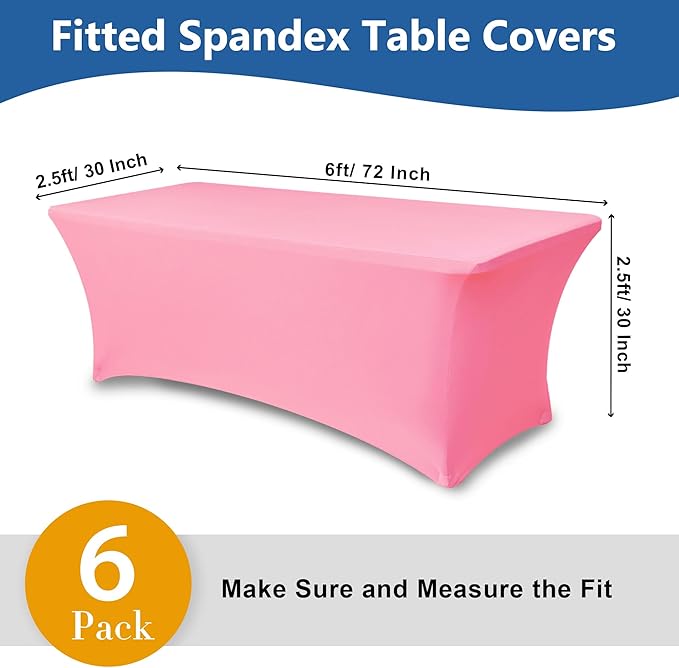 Table Cover for 6 Foot Rectangle Tables-6 Pack Pink Fitted Stretch Tablecloth-Elastic Spandex Tablecloths for Party, Wedding, Vendor Booth Display, Banquet Buffet Event, Craft Trade Show