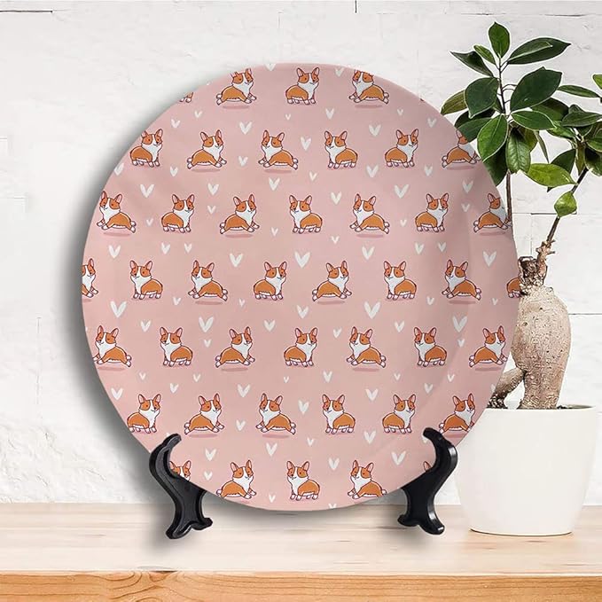 Ceramic Plates, Dog Lover Decorative Ceramic Plates, Cute Little Corgi Jumping Running and Standing, 8 Inch, for Dining, Parties, Wedding, Coral Orange White