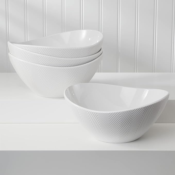 Euro Ceramica Highlands Collection Chip Resistant Semi Oval Salad, 4pc Bowl Set, white
