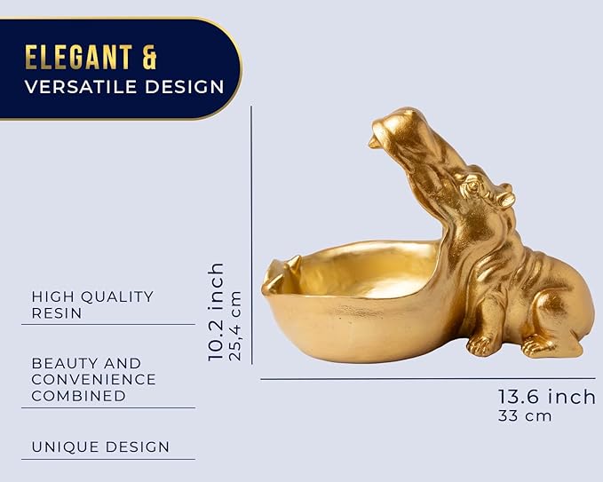 Comfify Hip Hippo Resin Figurine – Funky Hippopotamus Sculpture with Open Bowl Design for Snacks, Keys, or Trinkets – Decorative Holder with Elegant Golden Finish – Playful Accent for Modern Decor