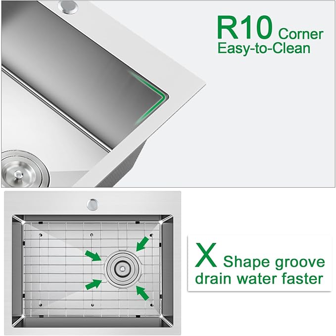 Kitchen Sink, 22 x 18 Inch Drop in Sink, 304 Stainless Steel Kitchen Sink, Centre-Offset Drain, 9" Deep Single Bowl, Topmount Installation, Brushed(Inclued Drain Strainer & Bottom Grid)
