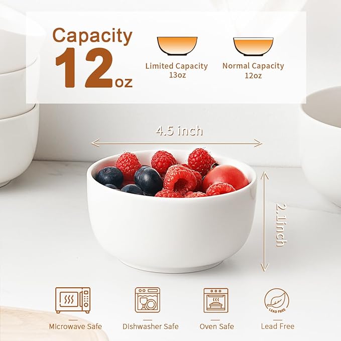 Jassceram Ice Cream Bowls Set of 8,12 Oz Ceramic Small Bowls for Soup, Side dishes, Cereal Bowls for Dessert, Snack, Suitable for Portion Control - Dishwasher & Microwave Safe, 4.5 Inch, White