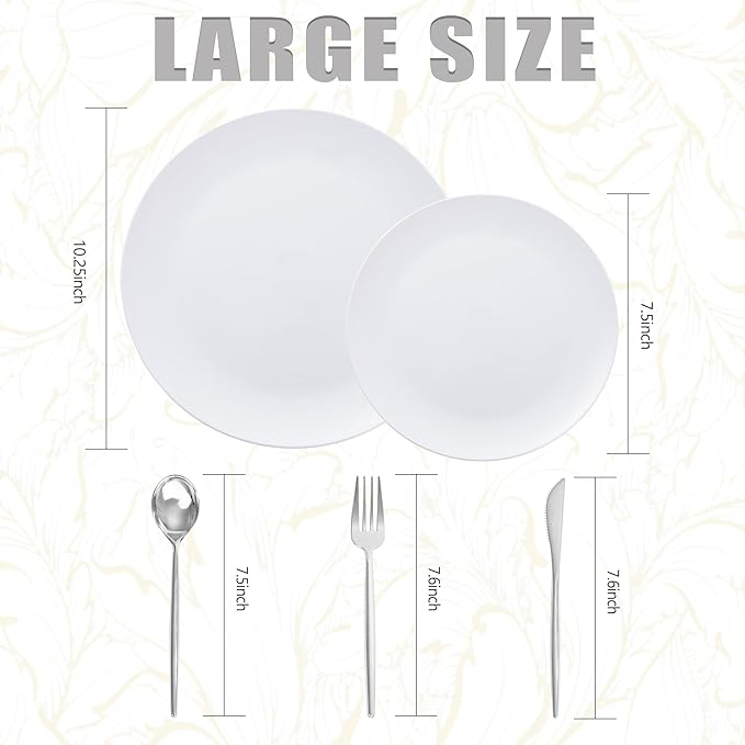I00000 white Plastic Plates with Disposable silver silverware, disposable plates,nice disposable plates include 30 Dinner plates,30 white dessert plates, 90 Plastic Silverware Set for Valentine's Day