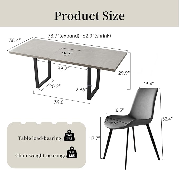 ZckyCine Modern Wooden Dining Table Set 6-Person Extendable 63"-79" Kitchen Table Set with 6 PU Leather Chairs | Space-Saving Expandable Design & Easy Assembly | Dining Room Furniture for Modern Homes