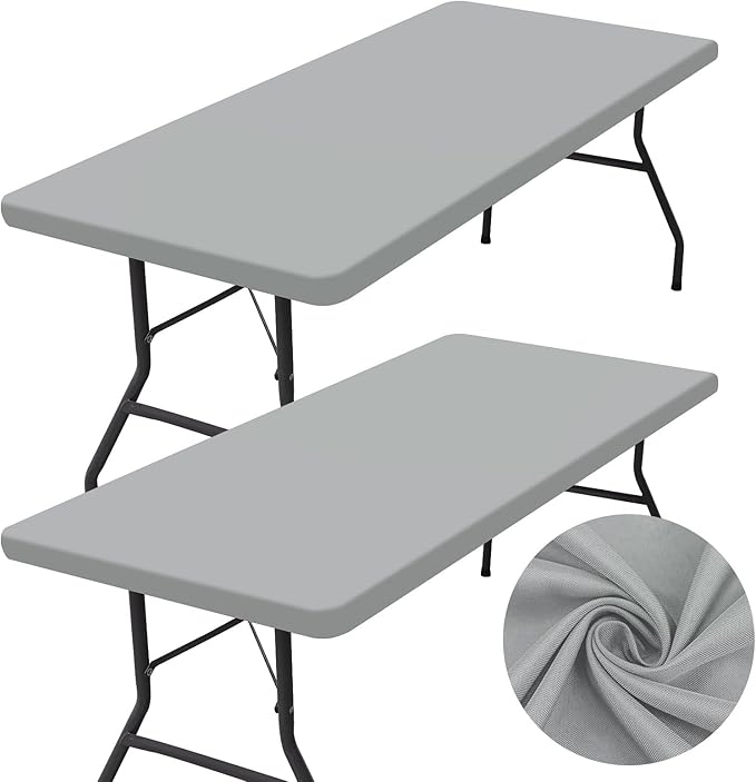 homing 2 Pack Rectangle Table Cloth, Elastic Fitted Fabric Tablecloth Fits for 5 Foot Folding Tables, Washable Table Cover for Picnic, Camping, Indoor & Outdoor (Light Grey, 30" x 60")