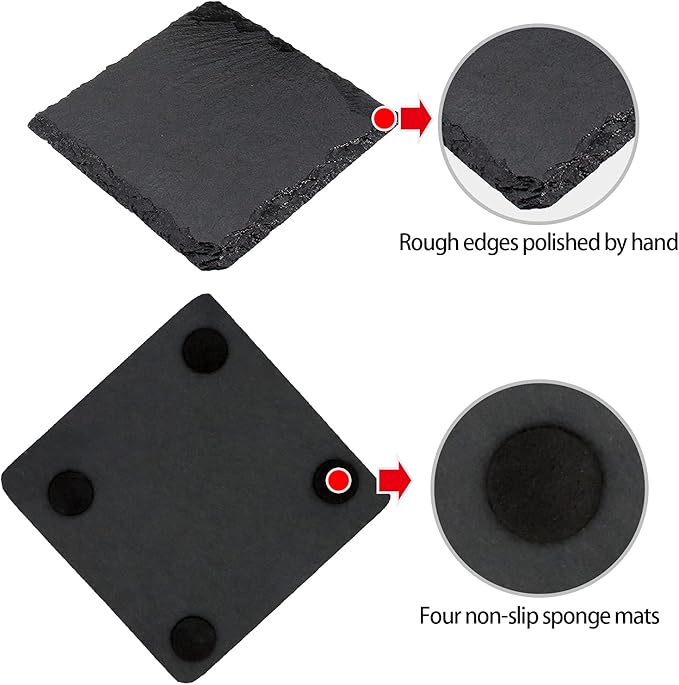 24 Pack Square Slate Drink Coasters, VIBRATITE 4 Inch Black Slate Stone Coasters Bulk Cup Coaster Laser Engraving Blanks with Anti-Scratch Bottom for Drink Coffee Bar Kitchen Home Decor