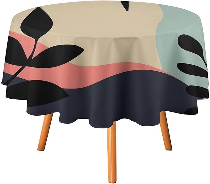 Medieval Bohemian Abstract Round Tablecloth, Mid Century Modern Leaves Geometric Tablecloth for Home Party Dining Room Kitchen Decor 70Inch(178cm)