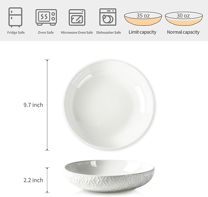 Sureasy 9.7" Pasta Bowls Set of 4-42 oz Large Salad Bowls for Kitchen, Embossed Ceramic Serving Bowls for Fruits, Soup, Pasta and Salad, Microwave & Dishwasher Safe, White