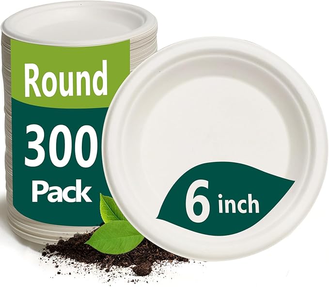 6 Inch Small Paper Plates, 300 Pack Disposable Compostable Dessert Plates Made from Sugarcane Fibers, Eco-Friendly, White
