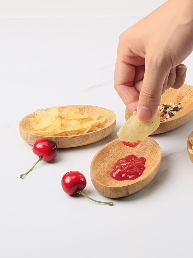 Mini Serving Dishes, Bamboo Small Appetizer Plates for Desserts/Charcuterie/Snacks, Dipping Sauce Bowls Set for Condiments/Spice/Tomato Sauce, Mini Sushi Plates, 1 oz 6 Pcs