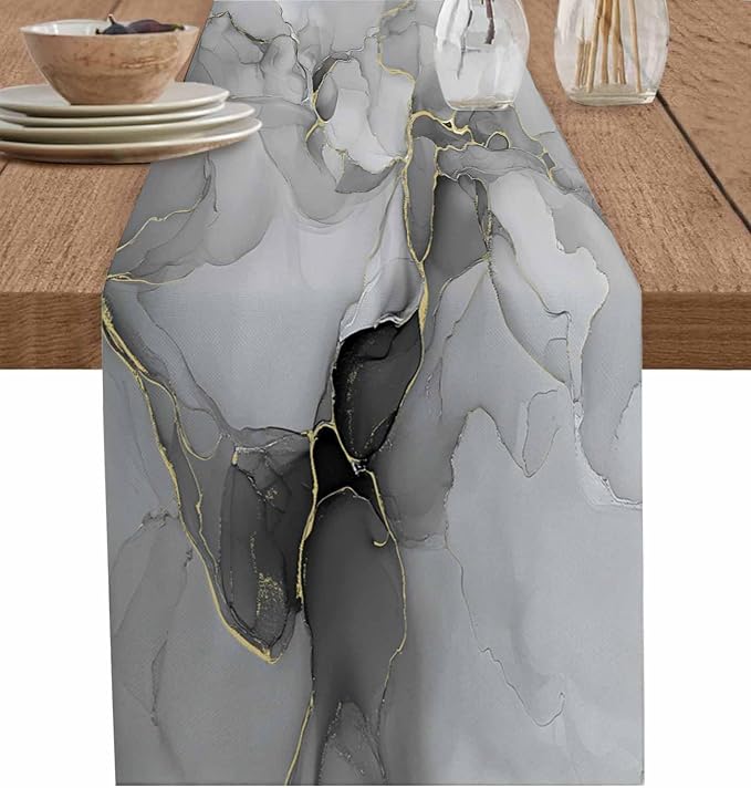 Grey Marble Table Runners 108 Inches Long, Cotton Linen Fabric Table Runner by Edwiinsa