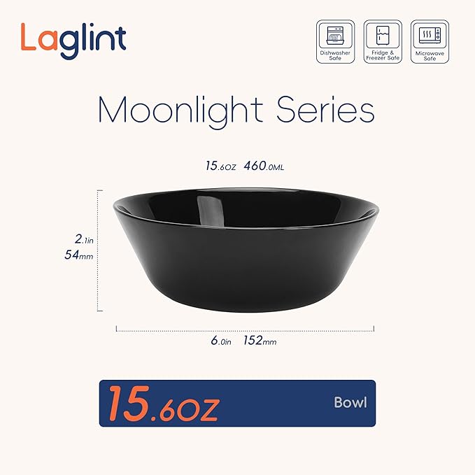 16OZ Black Opal Glass Cereal and Soup Bowl Set of 4, 6 inch Dishwasher & Microwave Safe Round Bowls for Salad and Rice