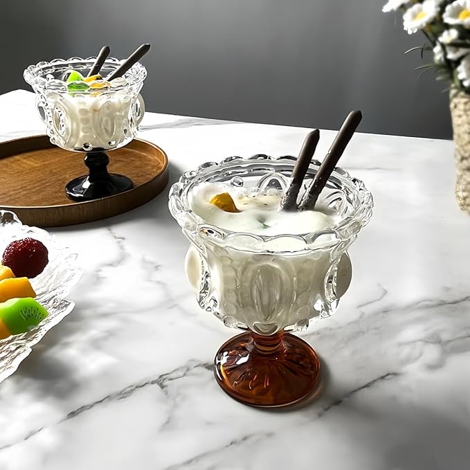 Carnival Glass Vintage Footed Dessert Cups Set of 2, 9oz Embossed Goblet - Image 6