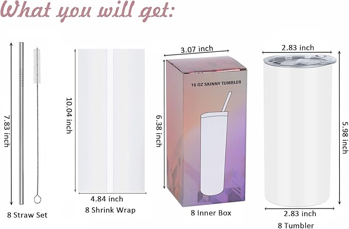 15 Oz Sublimation Tumblers Blank (8 Pack), Skinny Straight Kids Sublimation Tumblers Bulk, Individually Gift Boxed,