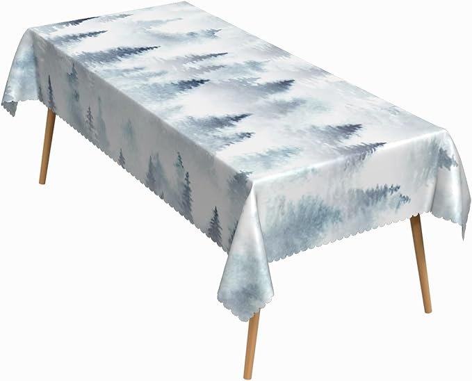 60x120 Inch Nordic Winter Nature Rectangle Tablecloth Misty Foggy Pine Trees Forest Table Cloth Waterproof Stain Resistant Table Cover for Kitchen Dining Picnic BBQ Home Holiday Party