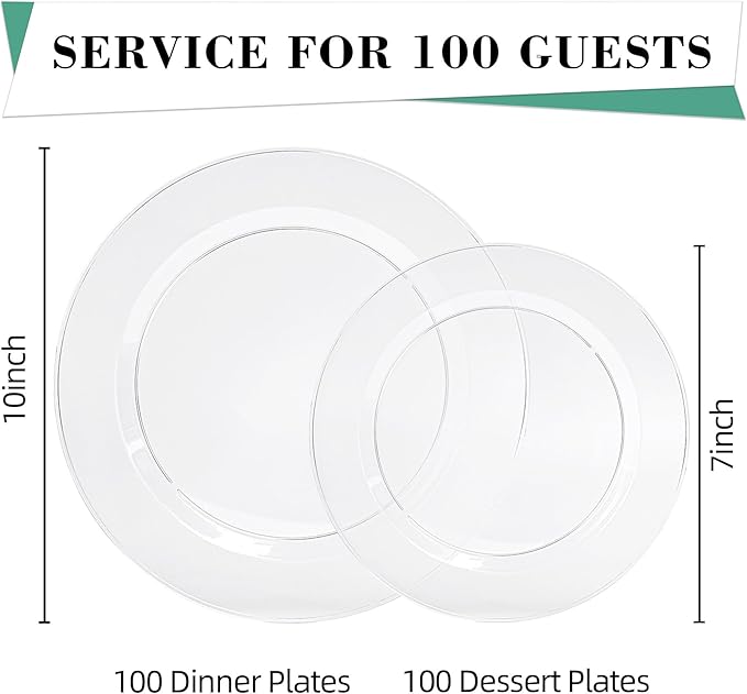 200PCS Clear Plastic Plates, Heavy Duty Plastic Plate Disposable, Include 50 Dinner and 50 Dessert Plates for Party and Wedding