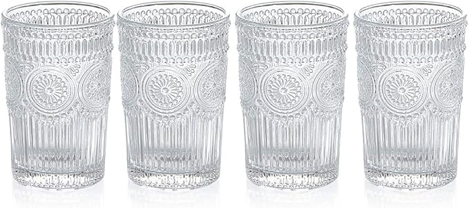 MDLUU Embossed Water Glasses, Romantic Glassware, Vintage Drinking Glasses, Glass Tumblers for Juice, Beverages, Cocktail, Capacity 12.5oz/370ml, Set of 4