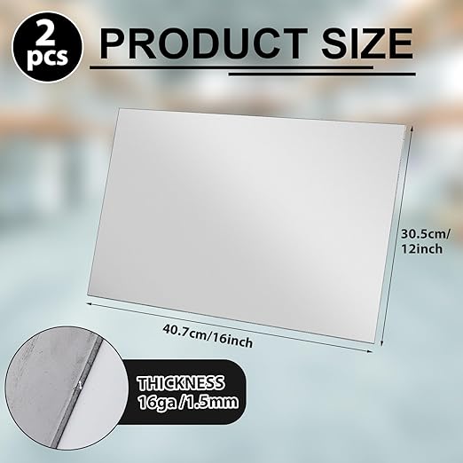 2 Pcs 16 Gauge Mild Metal Steel Sheet Plate Weldable Carbon Cold Panels Square Rolled for Outside Industrial DIY Weld Accessories, Easy Formability Smooth Surface (16 x 12 Inch)